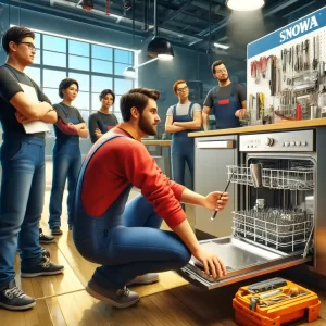 DALL·E 2024 06 06 12.27.17 A realistic and detailed image depicting a training session for installing and repairing Snowa dishwashers. The image shows a professional technician 1