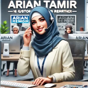 DALL·E 2024 06 15 15.21.17 A realistic and detailed image of a hijabi woman working in the customer service department of Arian Tamir Arian Repair. The woman should be shown i 1