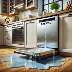 DALL·E 2024 08 22 10.58.06 A realistic image depicting a water leak from a Daewoo dishwasher in a modern kitchen setting. The scene should show water pooling on the floor in fro 1