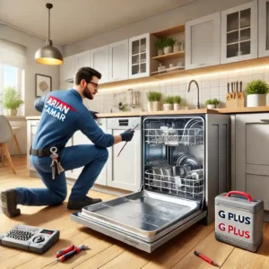 خدمات تعمیر ماشین ظرفشویی جی پلاس در مشهد 6 DALL·E 2024 11 20 15.49.31 A realistic and visually appealing image showcasing a professional technician from Arian Tamir installing and repairing a G Plus dishwasher in a moder 1