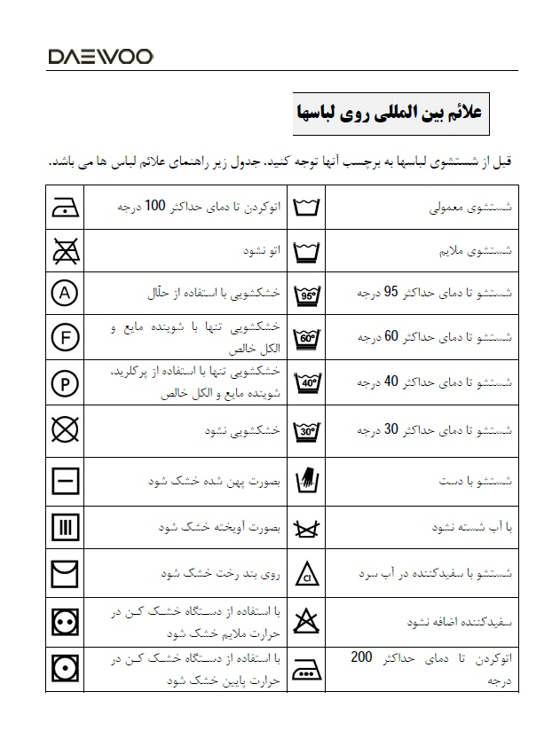 راهنمای ماشین لباسشویی دوو 9 کیلویی 1 علائم بین المللی روی لباس ها
